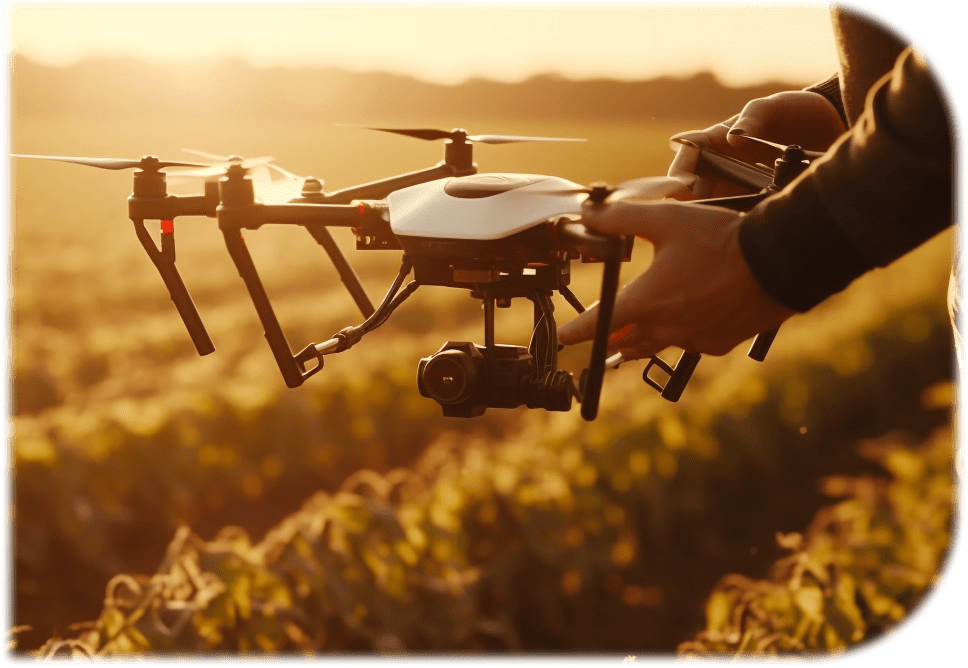 Pessoa a segurar um drone numa propriedade agrícola